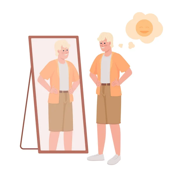 Νεαρός Άνδρας Casual Ρούχα Κοντά Καθρέφτη Ημι Επίπεδη Χρώμα Διανυσματικό — Διανυσματικό Αρχείο