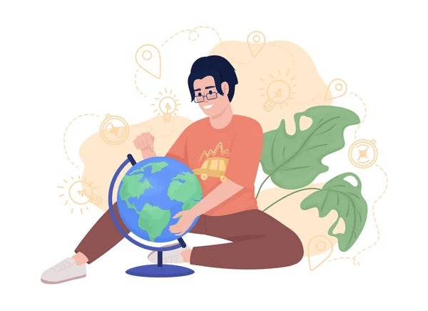 Excitement Travelling World Vector Isolated Illustration Smiling Boy Studying Globe — Stock Vector