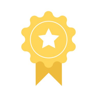 Altın ödüllü yarı düz renk vektör elementi. Beyaz üzerine tam boy süsleme. Takdir işareti. Olağanüstü başarılar. Web grafik tasarımı ve animasyonu için basit çizgi film stili çizimi