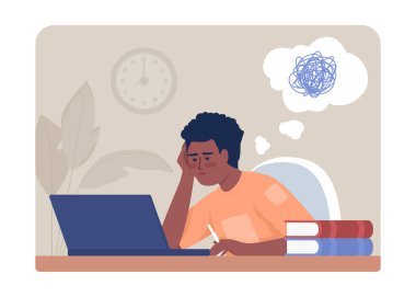 Ödevlere odaklanmak zor. 2D vektör izole çizimi. Çizgi film geçmişinde ADHD düz karakterli bir lise öğrencisi. Mobil, web sitesi, sunum için renkli düzenlenebilir sahne