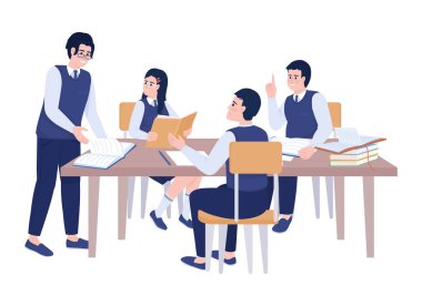 Özel okul öğrencileri grup projesi yarı düz renk vektör karakterleri üzerinde çalışıyorlar. Düzenlenebilir figürler. Beyazın üstüne tüm vücudu olan insanlar. Web grafik tasarımı ve animasyonu için basit çizgi film stili çizimi