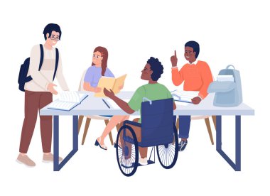 Bir grup okul çocuğu yarı düz renk vektör karakterler. Düzenlenebilir figürler. Beyazın üstüne tüm vücudu olan insanlar. Web grafik tasarımı ve animasyonu için basit karikatür stili çizimi