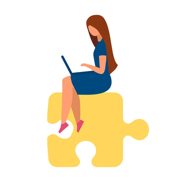 Busy Woman Laptop Sitting Puzzle Piece Semi Flat Color Vector —  Vetores de Stock