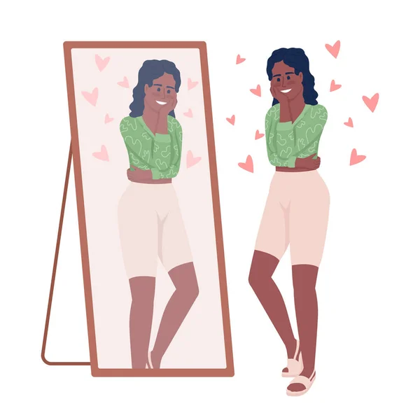 Χαμογελαστή Γυναίκα Κοιτάζοντας Στον Καθρέφτη Ημι Επίπεδη Χρώμα Διανυσματικό Χαρακτήρα — Διανυσματικό Αρχείο