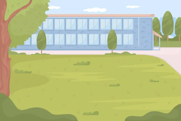 High School Surrounded Green Schoolyard Flat Color Vector Illustration Learning — ストックベクタ