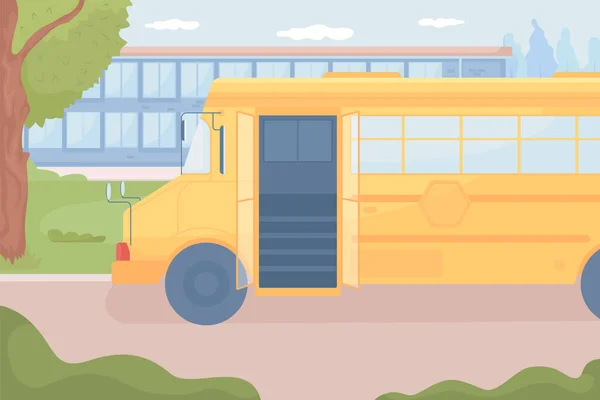 Yellow School Bus Waiting School Flat Color Vector Illustration Vehicle — Stockvektor