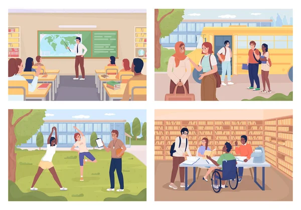 Daily Routine School Students Flat Color Vector Illustration Set School — Stock vektor