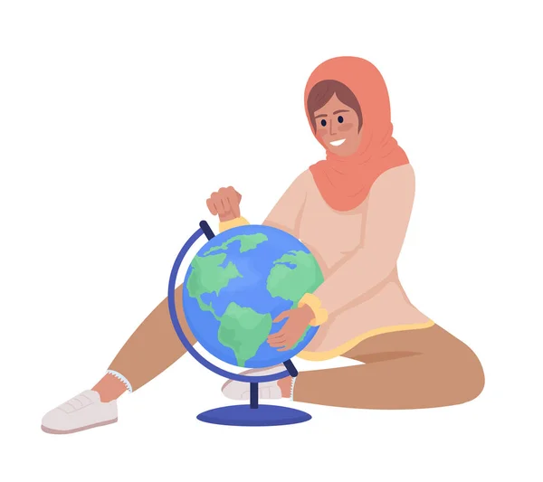 Excited Girl Studying Earth Globe Semi Flat Color Vector Character - Stok Vektor