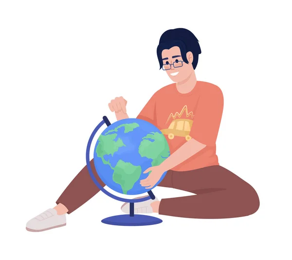 Smiling Boy Studying World Globe Semi Flat Color Vector Character — Vetor de Stock