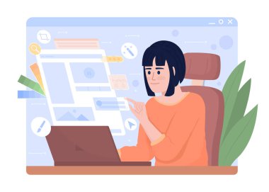 Web tasarımcısı 2D vektör izole çizimi. Çizgi film arka planında düz karakterle çalışan kız. Web sitesi tasarımı. Mobil, web sitesi, sunum için serbest sanatçı renklendirilebilir sahne