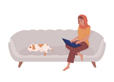 Woman working at home semi flat color vector character. Editable figure. Full body person on white. Lady with dog on couch simple cartoon style illustration for web graphic design and animation