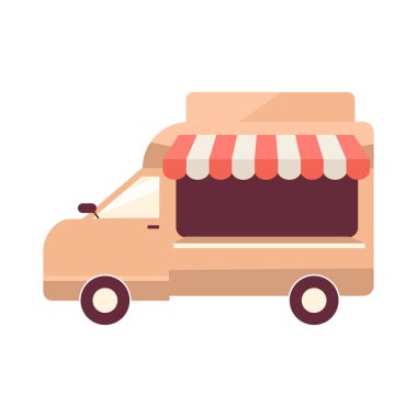 Tekerleklerdeki dükkan yarı düz renk vektör objesi. Arabada depo var. Mobil müşteri hizmetleri. Tam boy beyaz. Web grafik tasarımı ve animasyonu için basit karikatür biçimi illüstrasyonunu satın al