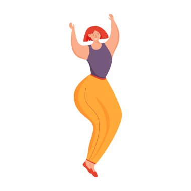 Dancing redhead woman semi flat color vector character. Party. Posing figure. Full body person on white. Good mood simple cartoon style illustration for web graphic design and animation