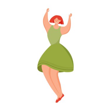 Yeşil elbiseli dansçı kadın yarı düz renk vektör karakter. Tatil günü. Poz figürü. Beyazın üzerinde tam vücut insan. Web grafik tasarımı ve animasyonu için etkinlik basit çizgi film stili çizimi