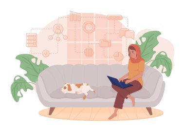 Comfortable home office 2D vector isolated illustration. Remote work flat character on cartoon background. Cozy job environment colourful editable scene for mobile, website, presentatio