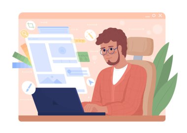 Web sitesi geliştiricisi 2D vektör izole çizimi. Çizgi film arka planında düz karakterle çalışan kız. Web tasarımı. Mobil, web sitesi, sunum için serbest sanatçı renklendirilebilir sahne