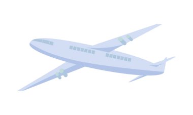 Yolcu uçağıyla uçuş yarı düz renk vektör nesnesi. Güvenli uçak. Tam boy beyaz. Web grafik tasarımı ve animasyonu için hava yoluyla basit çizgi film stili illüstrasyonu
