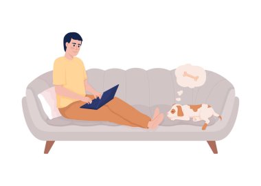 Man sitting on couch with laptop semi flat color vector character. Editable figure. Full body person on white. Online work simple cartoon style illustration for web graphic design and animation