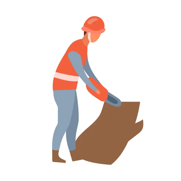 Worker Cutting Tree Chainsaw Semi Flat Color Vector Character Posing — ストックベクタ