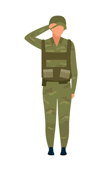 Saluting Soldier Semi Flat Color Vector Character Army Posing Figure — Stockvektor
