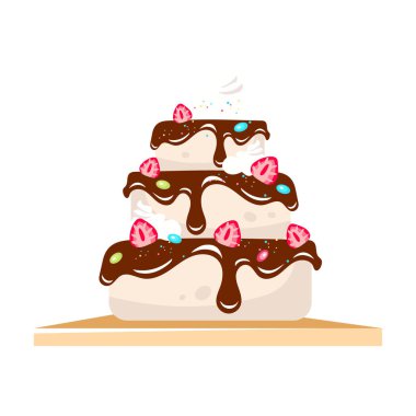 Çikolatalı pasta katmanı ve yarı düz renkli vektör nesnesi. Tam boy beyaz. Web grafik tasarımı ve animasyonu için basit bir çizgi film çizimi.