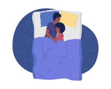 Happy couple sleeping in bed 2D vector isolated illustration. Loving family flat characters on cartoon background. Night rest colourful editable scene for mobile, website, presentation
