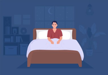 Man suffering from insomnia in bedroom flat color vector illustration. Stress and anxiety. Sleep disorder impact. Fully editable 2D simple cartoon character with interior on background