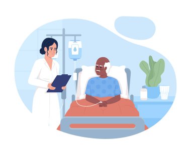 Doctor visiting senior patient in ward 2D vector isolated illustration. Medicine and treatment flat characters on cartoon background. Healing colourful editable scene for mobile, website, presentation