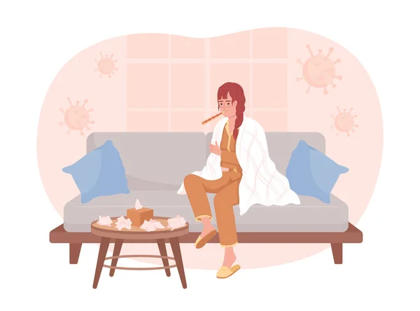 Woman Flu Sitting Sofa Vector Isolated Illustration Hazardous Virus Infection — Stockvector