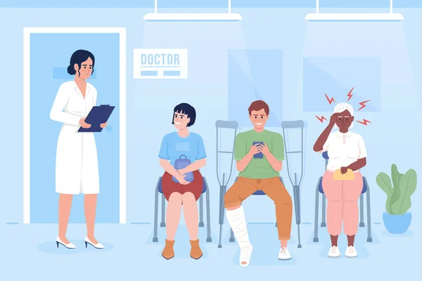 Patients Waiting Doctor Appointment Flat Color Vector Illustration Queue Hospital — Vetor de Stock