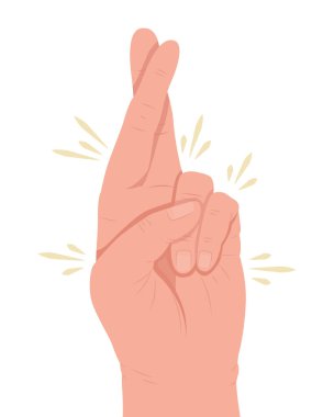 Crossed fingers semi flat color vector hand gesture. Editable pose. Human body part on white. Wish for luck cartoon style illustration for web graphic design, animation, sticker pack
