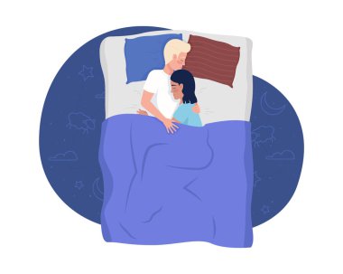 Hugging man and woman sleeping in bed 2D vector isolated illustration. Love relationship flat characters on cartoon background. Romantic colourful editable scene for mobile, website, presentation