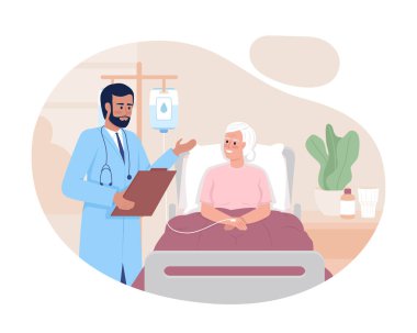 Therapist examining old patient in hospital 2D vector isolated illustration. Treatment flat characters on cartoon background. Health colourful editable scene for mobile, website, presentation