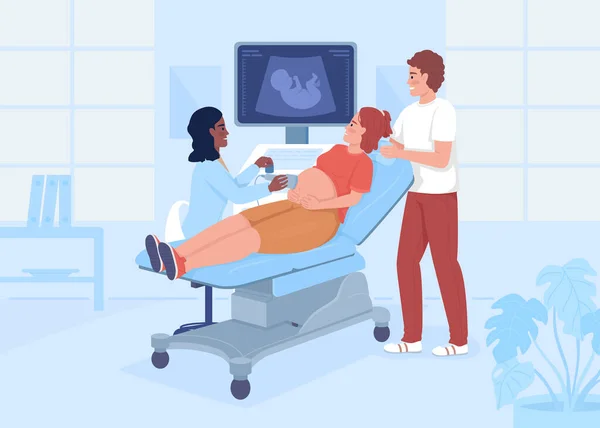 Pregnant Woman Husband Sonogram Scanning Flat Color Vector Illustration Examination — Stock Vector