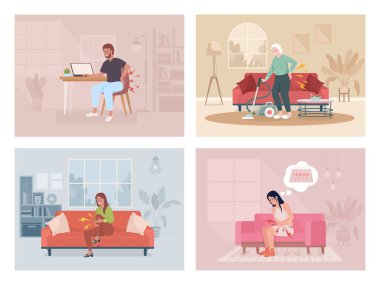 People suffering from different pain flat color vector illustrations set. Health problems. Heart attack. Fully editable 2D simple cartoon characters with interior on background collection