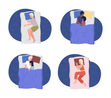 Sleeping people 2D vector isolated illustrations set. Healthy sleep patterns flat characters on cartoon background. Bedtime colourful editable scene for mobile, website, presentation pack