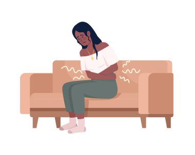 Woman with pain in abdomen semi flat color vector character. Editable figure. Full body person on white. Health simple cartoon style illustration for web graphic design and animation