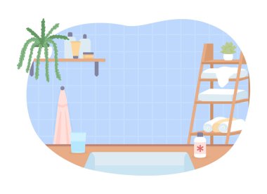 Empty bathroom 2D vector isolated illustration. Medication and water on counter. Arrangement flat interior on cartoon background. Domestic colourful editable scene for mobile, website, presentation