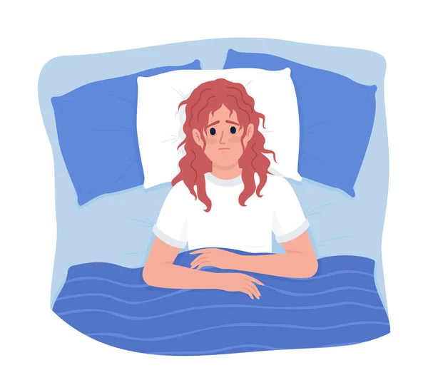 Upset Woman Insomnia Semi Flat Color Vector Character Editable Figure — ストックベクタ