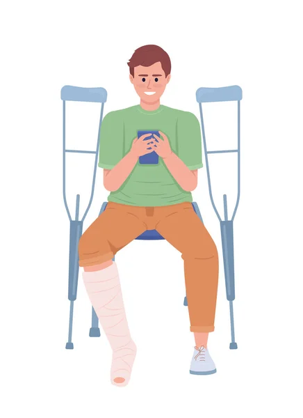 Man Broken Leg Looking Phone Semi Flat Color Vector Character - Stok Vektor