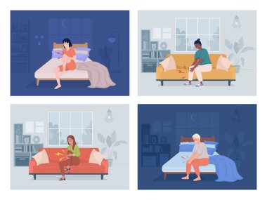 People suffering from leg pain flat color vector illustrations set. Muscles and joints disease. Trauma. Fully editable 2D simple cartoon characters with home interior on background pack