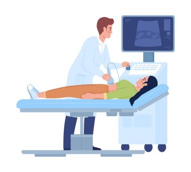 Doctor examining patient with sonography semi flat color vector characters. Editable figures. Full body people on white. Health simple cartoon style illustrations for web graphic design and animation