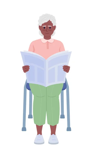 Old Woman Reading Newspaper Semi Flat Color Vector Character Editable — Wektor stockowy