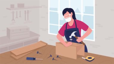 Female cabinetmaker driving nails with hammer flat color animated illustration. Carpenter school. Seamless looped 2D cartoon character animation video in 4k with workshop on background