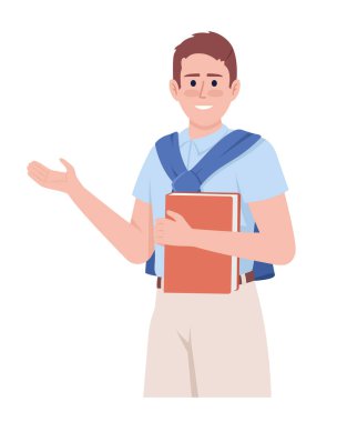 Happy student posing with book semi flat color vector character. Editable figure. Full body person on white. Studying simple cartoon style illustration for web graphic design and animation