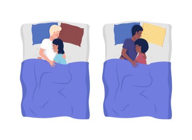 Happy couples sleeping in beds semi flat color vector characters set. Editable figures. Full body people on white. Simple cartoon style illustrations for web graphic design and animation collection