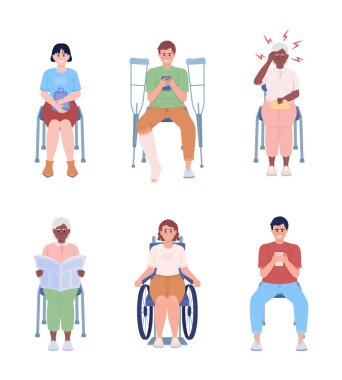 Sitting people semi flat color vector characters set. Editable figures. Full body people on white. Lifestyle simple cartoon style illustrations for web graphic design and animation collection