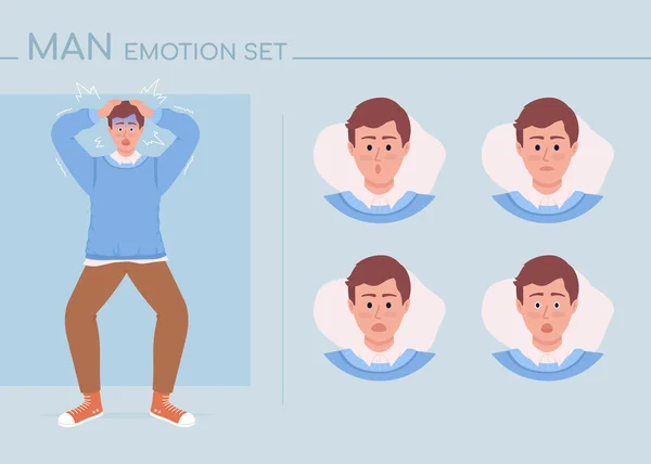 Shocked Young Man Semi Flat Color Character Emotions Set Editable — Vector de stock