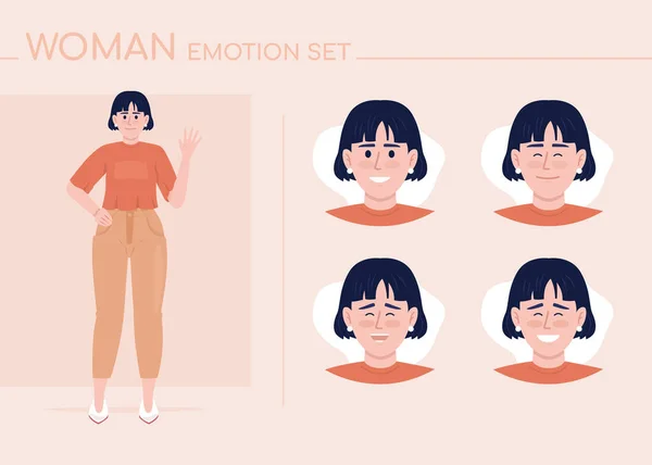 Happy Young Woman Semi Flat Color Character Emotions Set Editable — Stock Vector
