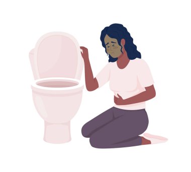 Upset woman with nausea and toilet bowl semi flat color vector character. Editable figure. Full body person on white. Unwell simple cartoon style illustration for web graphic design and animation